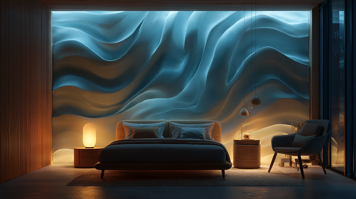 Schlafzimmer mit OceanWave-Kopfteil: sanfte blaue Wellenbewegung, ruhige Atmosphäre