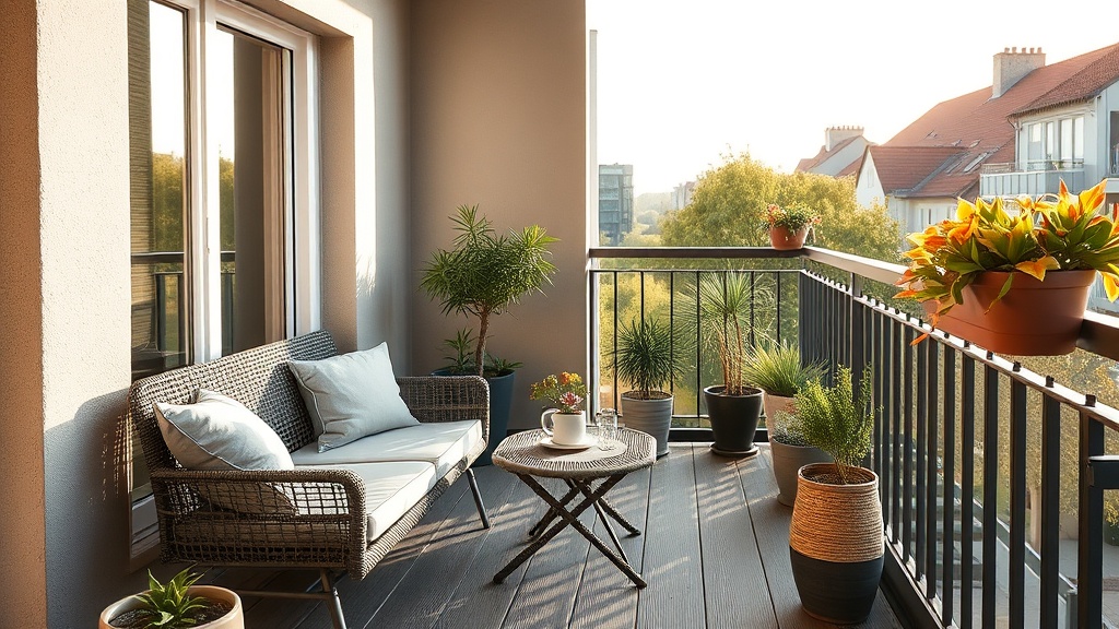 Balkon mit Markise und Sitzmöbeln in deutscher Stadtwohnung